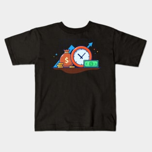 Clock with stack of coin and sack of money cartoon Kids T-Shirt